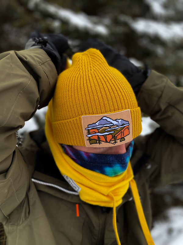 more mountains sustainable fine rib knit beanie | mustard yellow